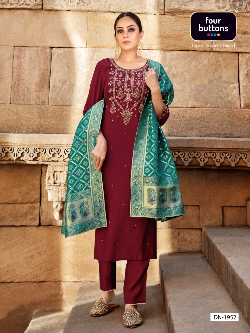 four buttons Bandhej ciscose silk decent look and colour top bottom with dupatta catalog