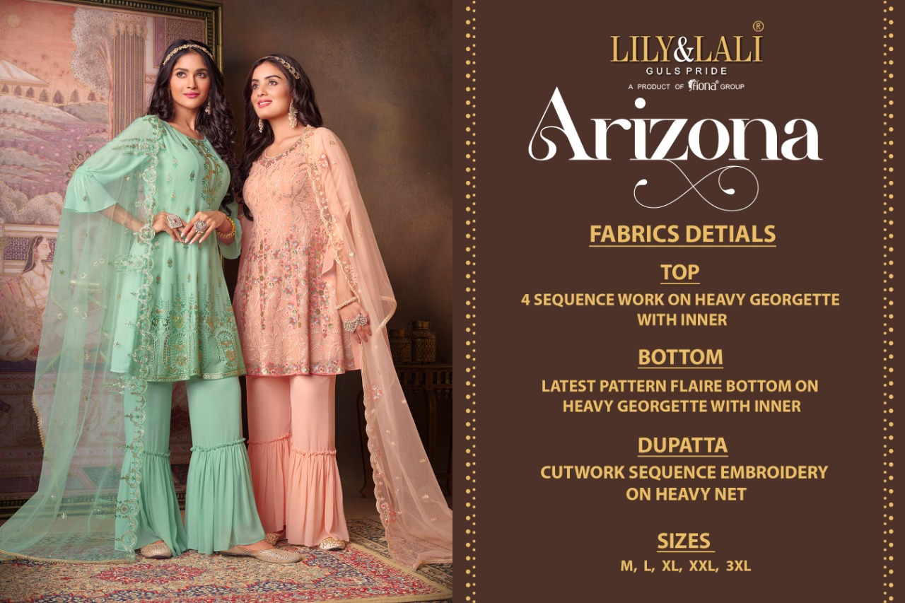 lily and lali arizona georgette new and modern style top with bottom and dupatta catalog