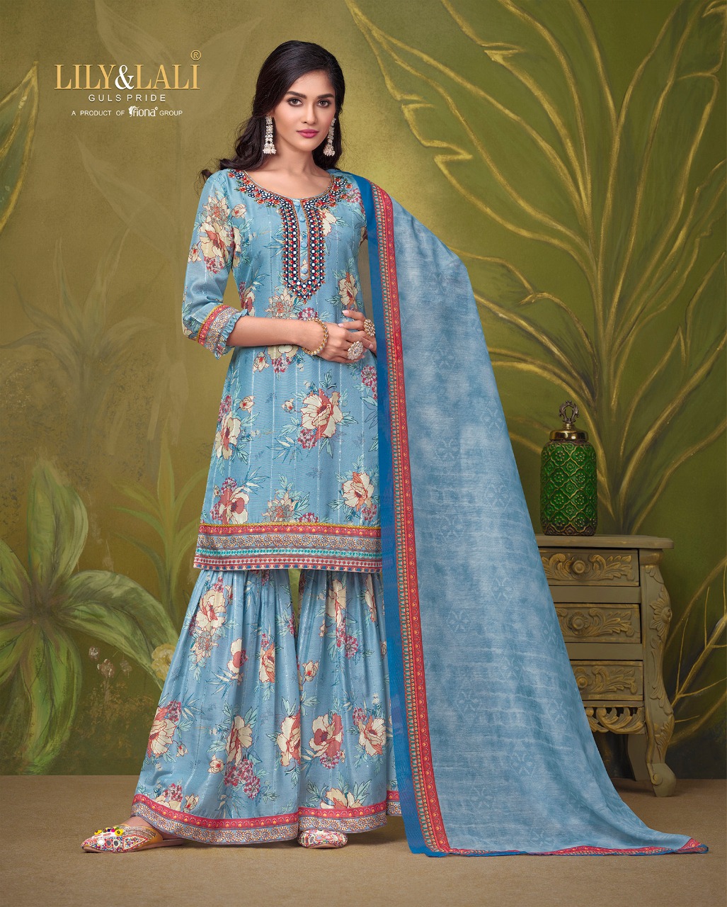 lily and lali elegant prints muslin elegant look top with Gharara dupatta catalog