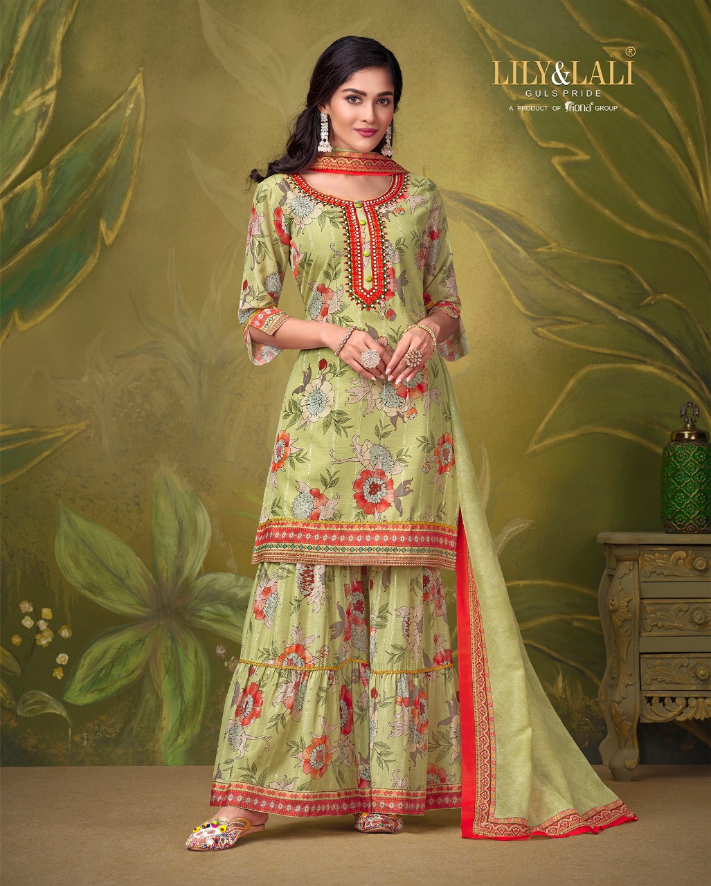 lily and lali elegant prints muslin elegant look top with Gharara dupatta catalog