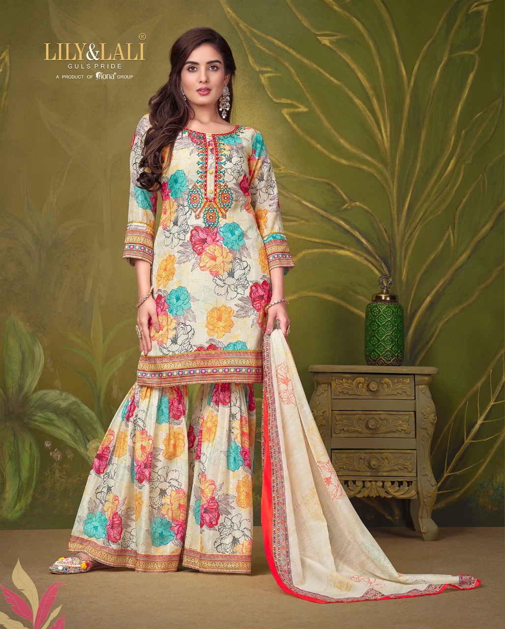 lily and lali elegant prints muslin elegant look top with Gharara dupatta catalog