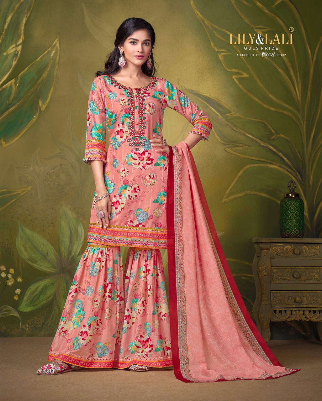 lily and lali elegant prints muslin elegant look top with Gharara dupatta catalog