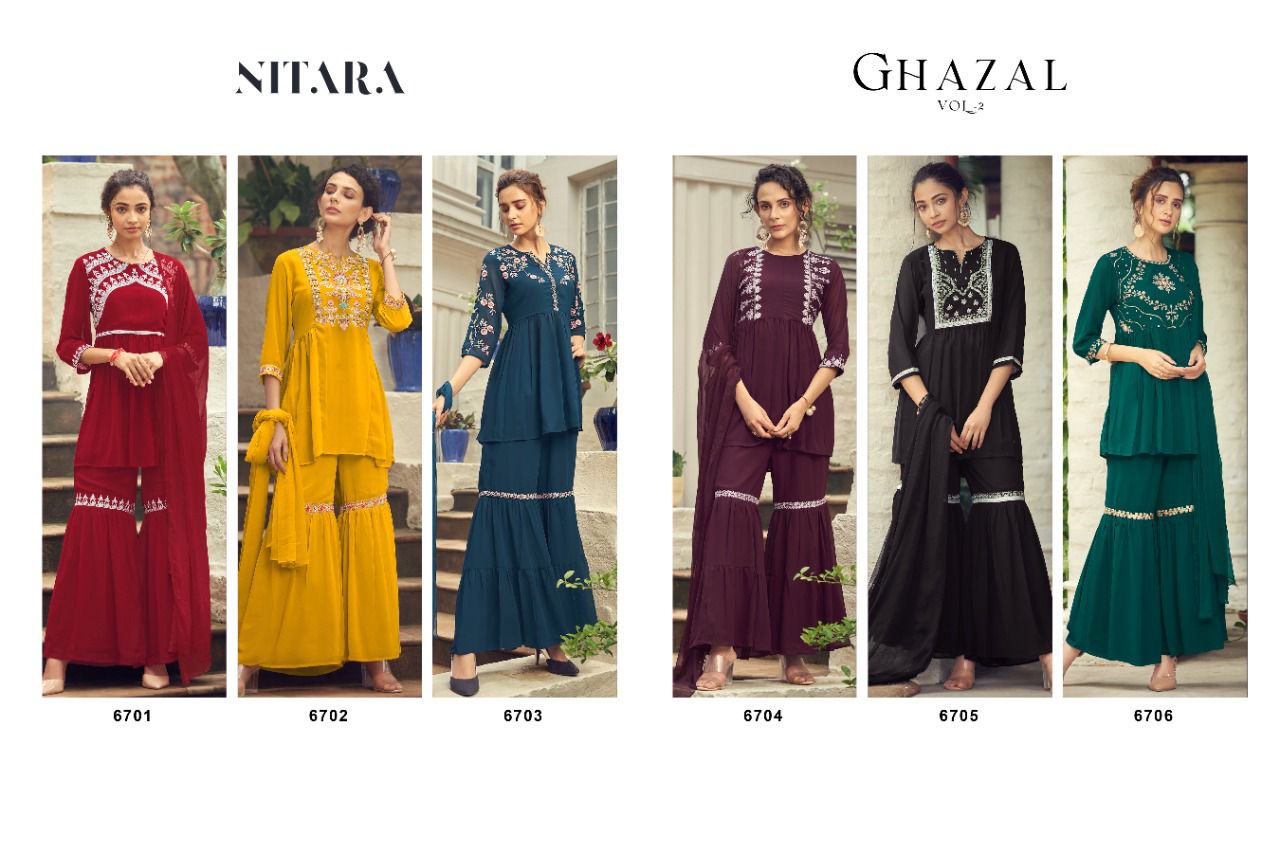 nitara ghazal 2  georgette new and modern style top bottom with dupatta catalog