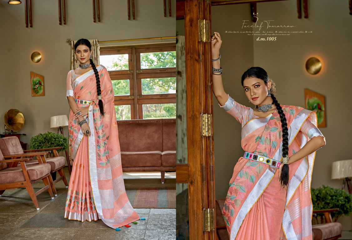 sangam print floral style linen innovative style saree catalog