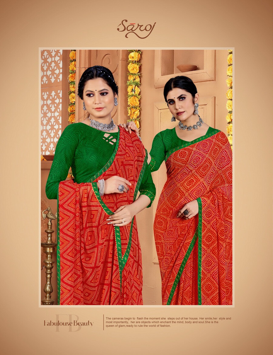 saroj saree Kalyani Bandhani Georgette regal look saree catalog