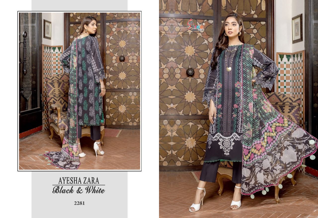 shree fab ayesha zara black and white cotton catchy look salwar suit cotton dupatta catalog