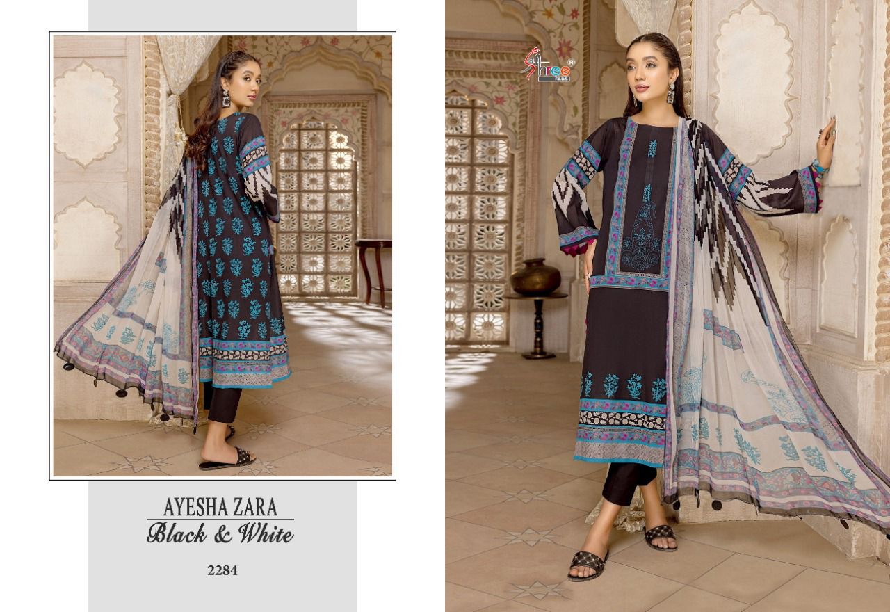 shree fab ayesha zara black and white cotton catchy look salwar suit cotton dupatta catalog