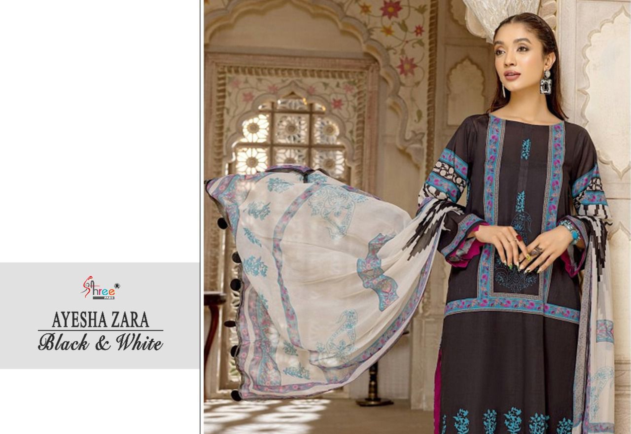 shree fab ayesha zara black and white cotton catchy look salwar suit cotton dupatta catalog