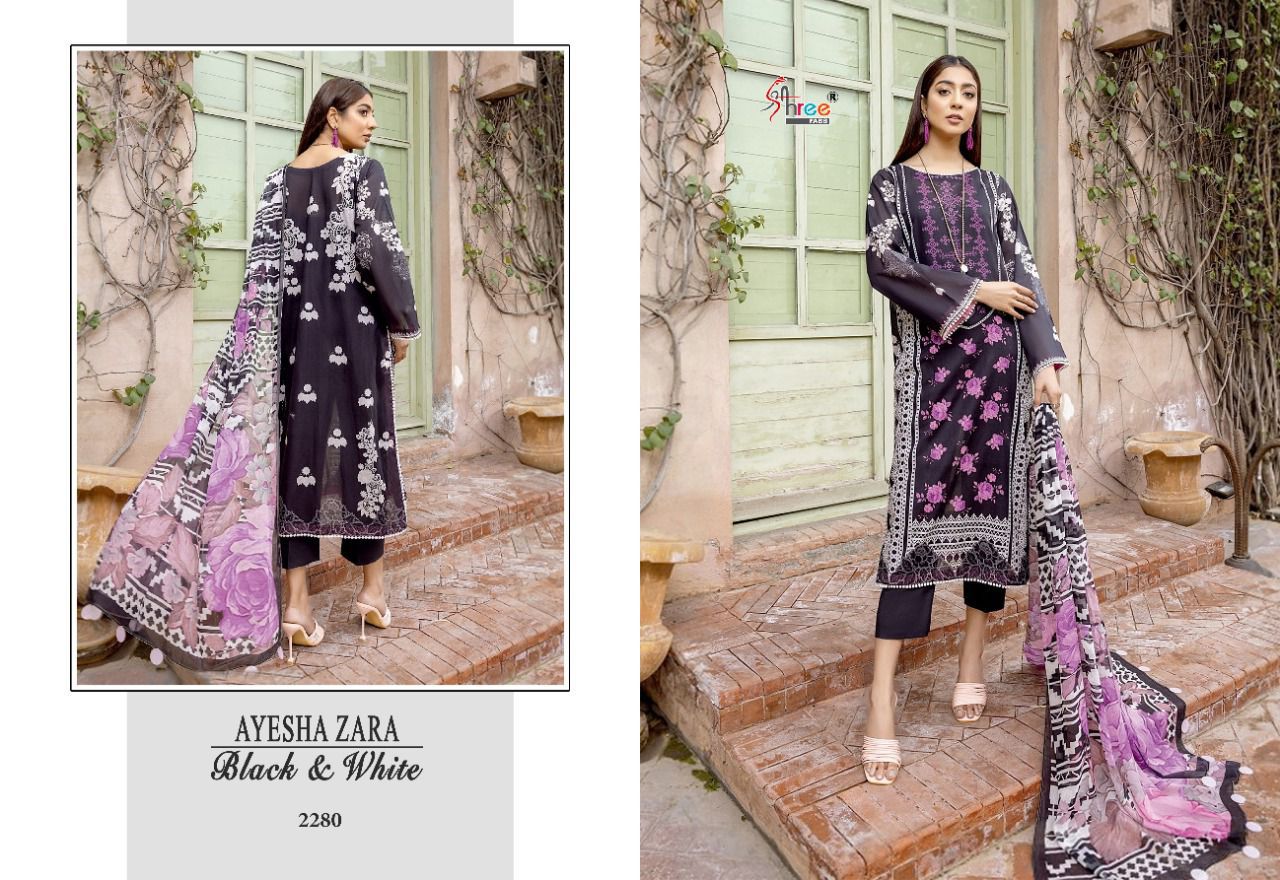 shree fab ayesha zara black and white cotton catchy look salwar suit cotton dupatta catalog