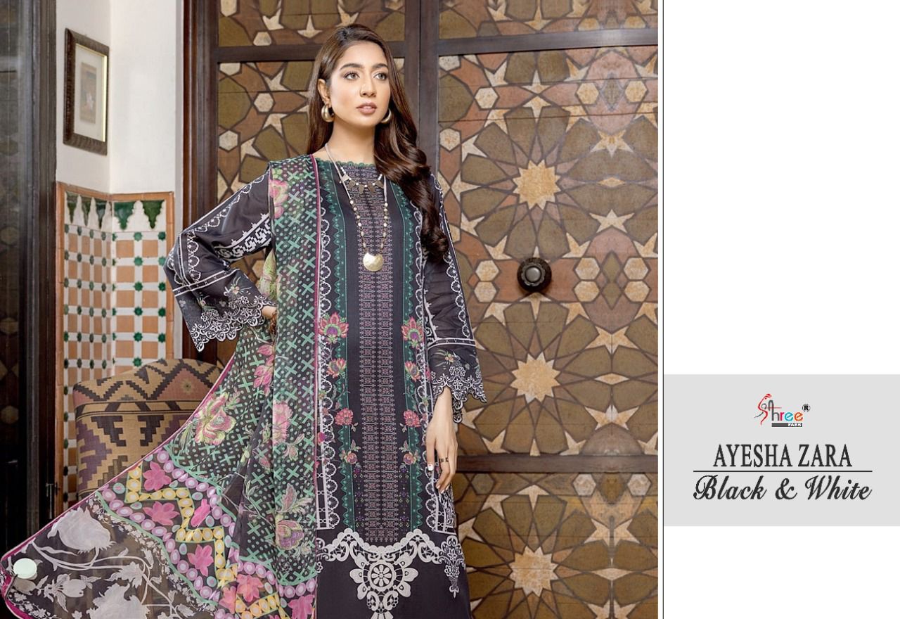 shree fab ayesha zara black and white cotton catchy look salwar suit cotton dupatta catalog