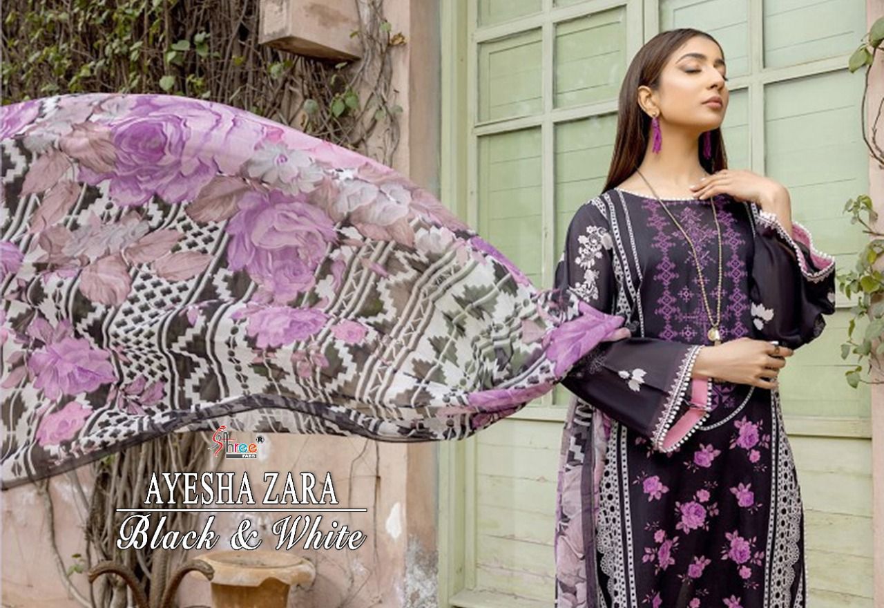 shree fab ayesha zara black and white cotton catchy look salwar suit cotton dupatta catalog