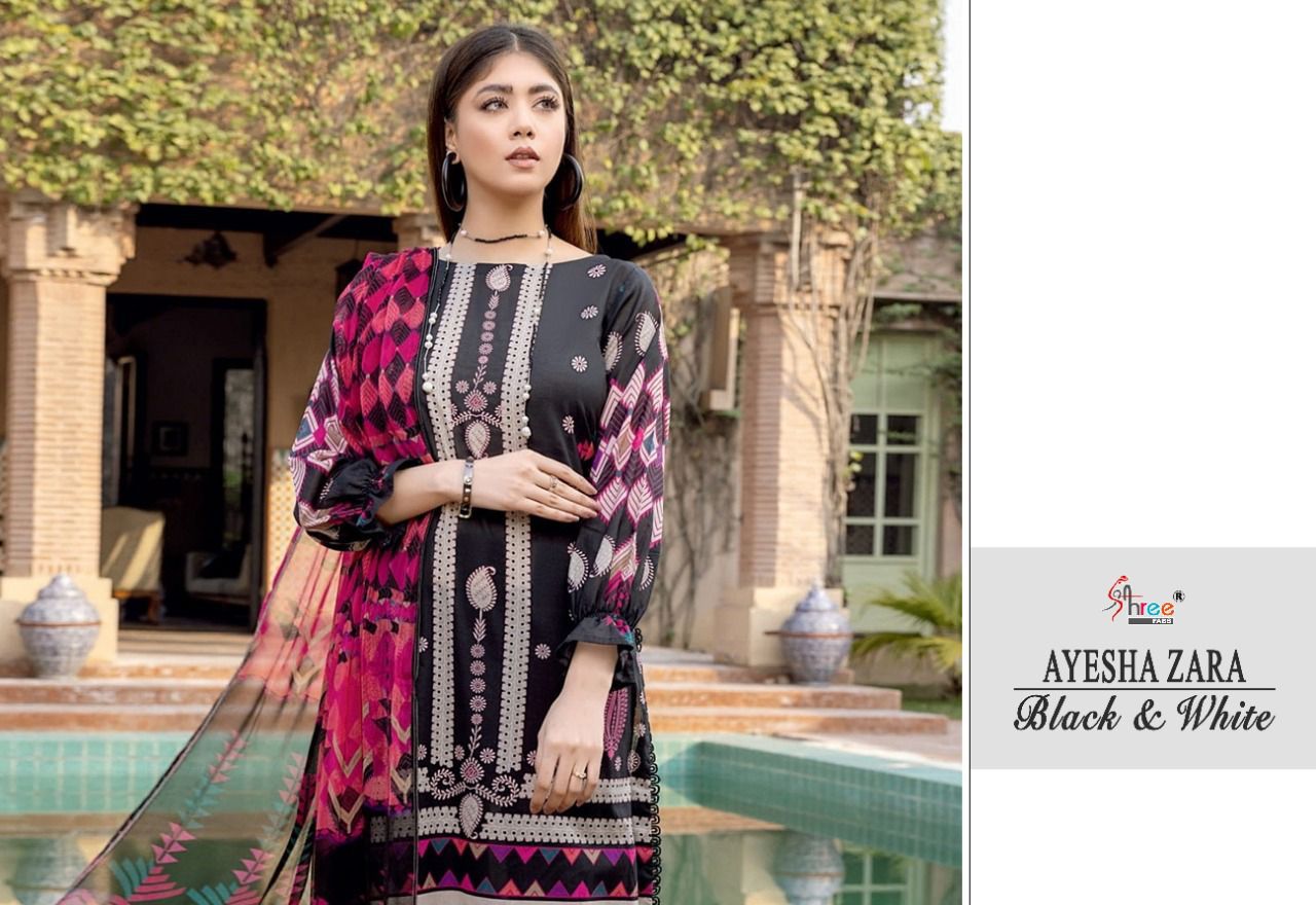 shree fab ayesha zara black and white cotton catchy look salwar suit cotton dupatta catalog