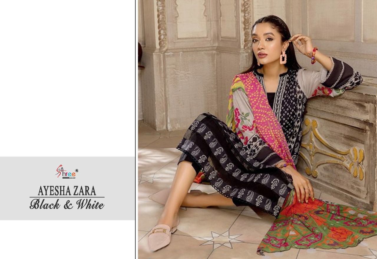 shree fab ayesha zara black and white cotton catchy look salwar suit cotton dupatta catalog