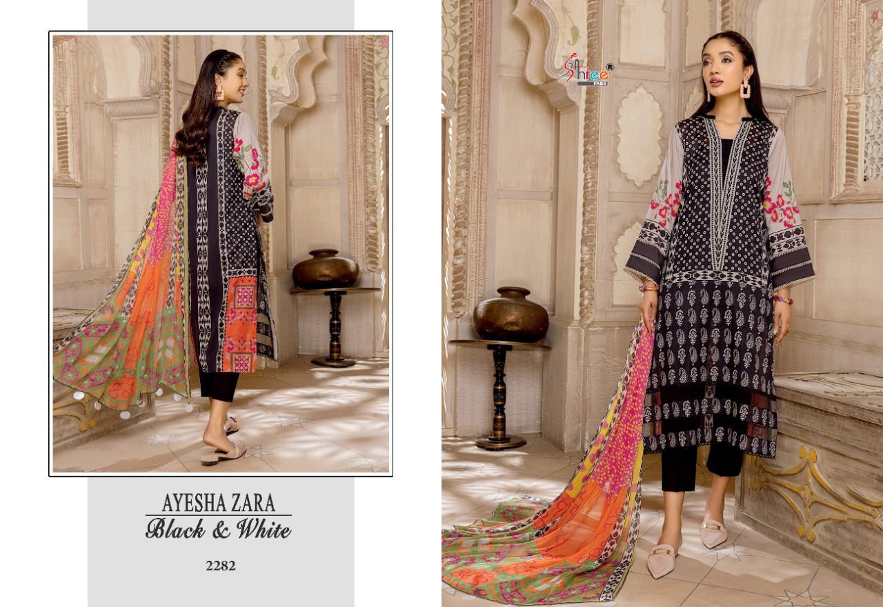 shree fab ayesha zara black and white cotton catchy look salwar suit cotton dupatta catalog