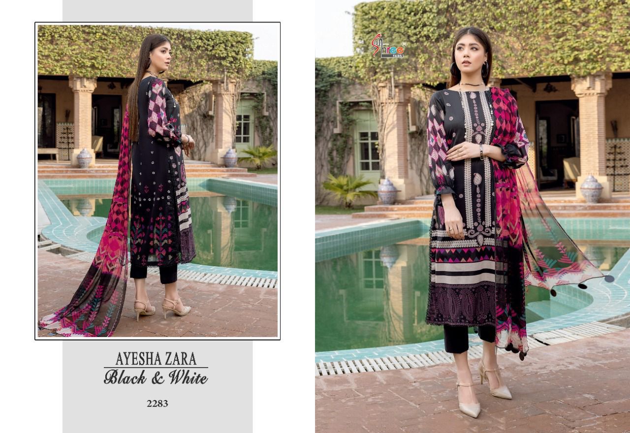 shree fab ayesha zara black and white cotton catchy look salwar suit cotton dupatta catalog