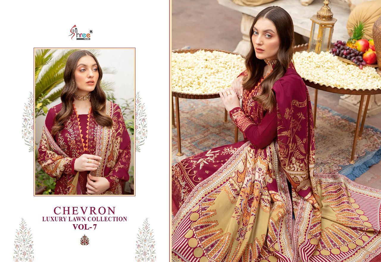 shree fab chevron luxury lawn collection 07 pure lawn catchy print salwar suit with cotton dupatta catalog