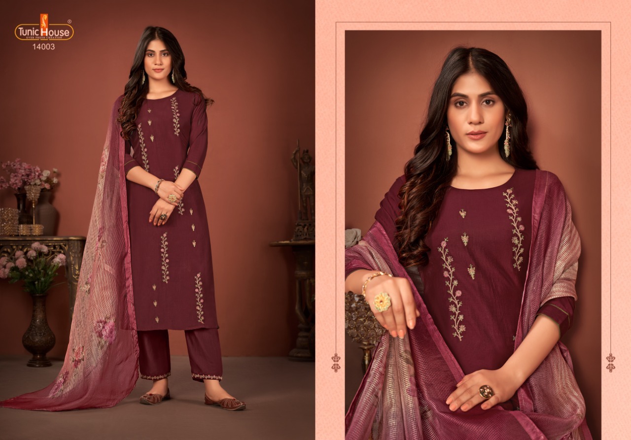 tunic house haseena silk attractive look top bottom with dupatta catalog