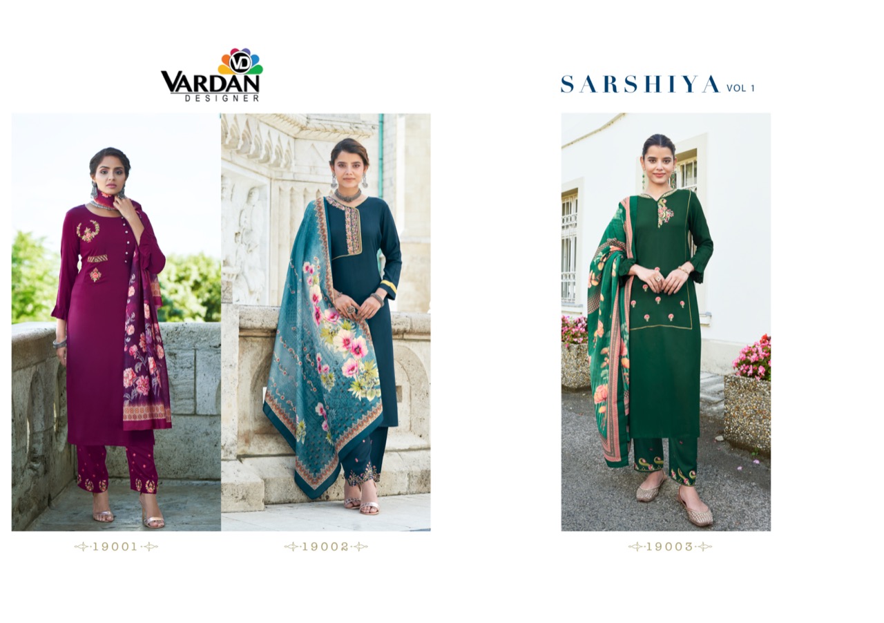 vardan designer sarshiya vol 1 reyon new and modern style top bottom with dupatta catalog