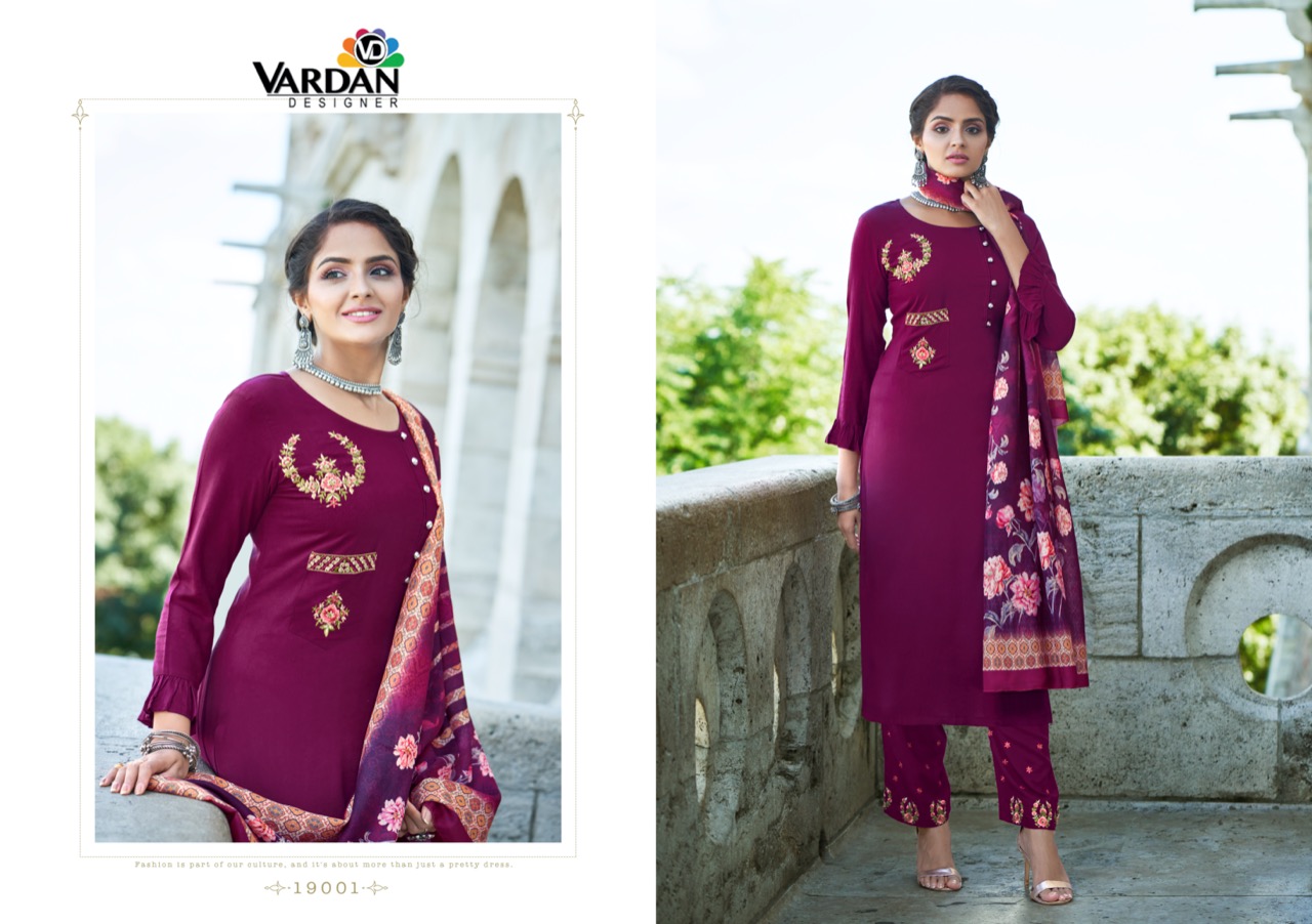 vardan designer sarshiya vol 1 reyon new and modern style top bottom with dupatta catalog