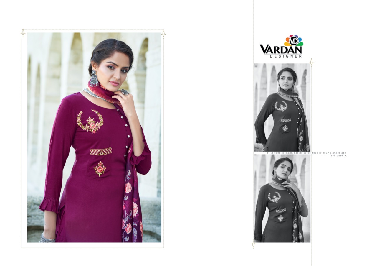 vardan designer sarshiya vol 1 reyon new and modern style top bottom with dupatta catalog