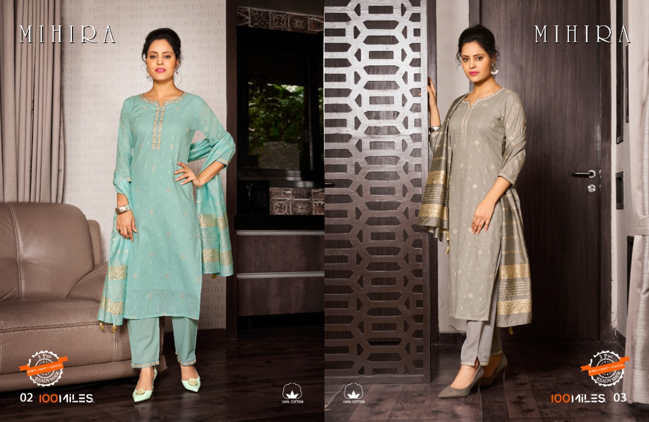 100 miles mihira cotton greaceful look top with pant dupatta catalog