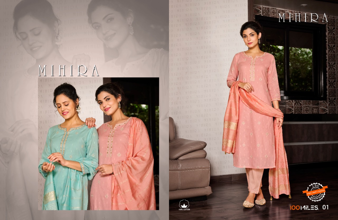 100 miles mihira cotton greaceful look top with pant dupatta catalog