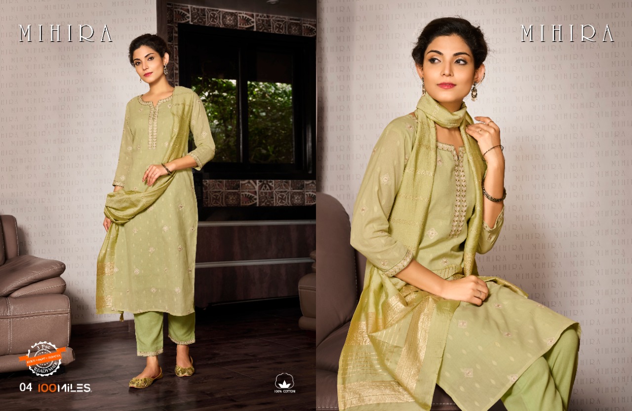 100 miles mihira cotton greaceful look top with pant dupatta catalog