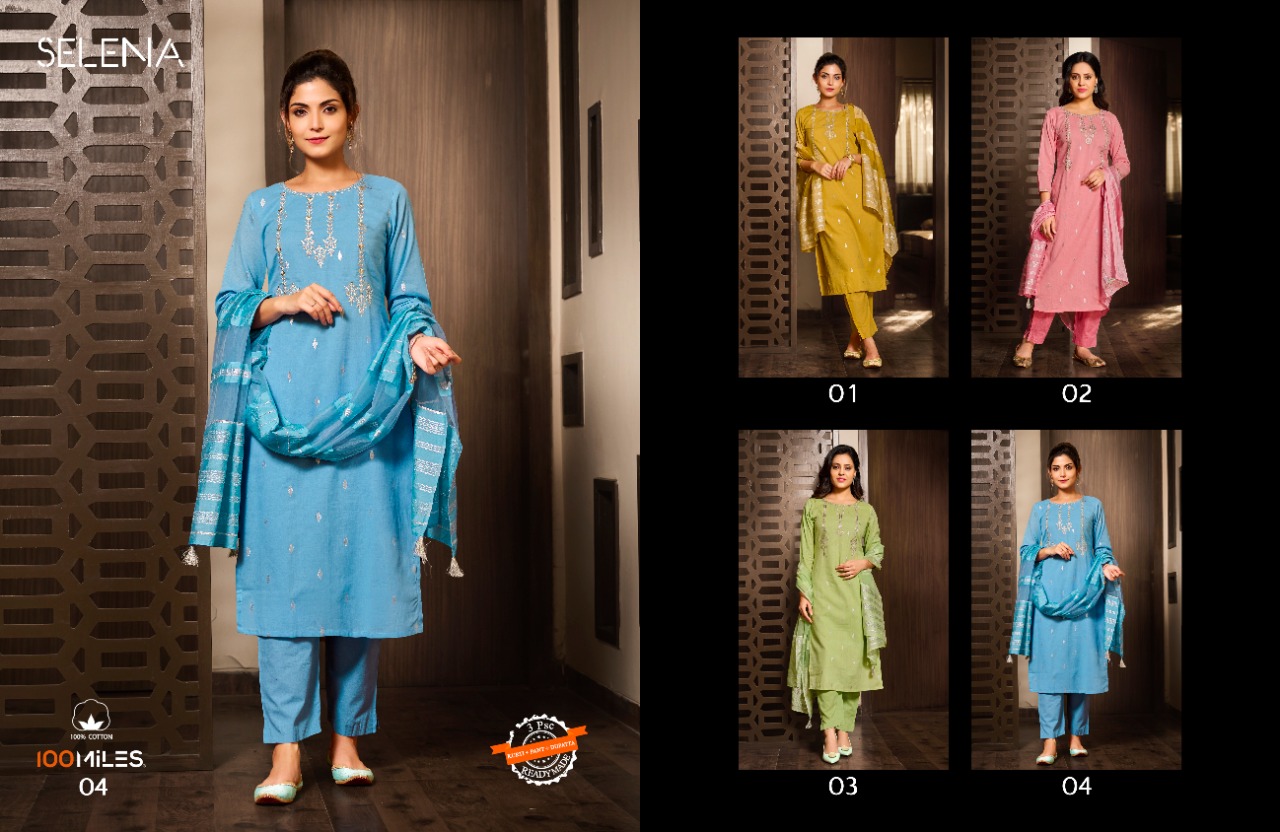 100 miles selena cotton decent look top pant with dupatta catalog