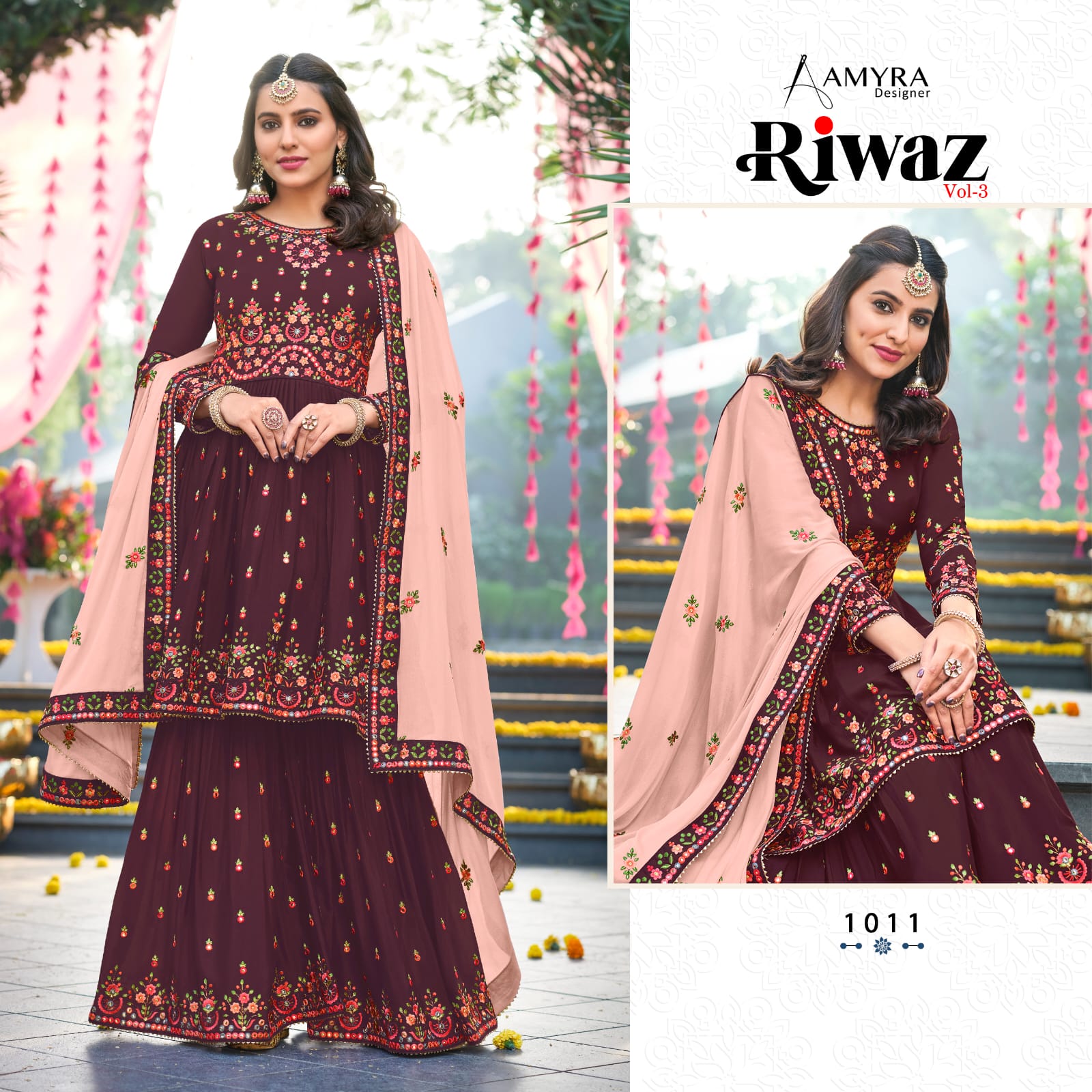 amyra designer riwaz vol 3 chinon graceful look top plazzo dupatta catalog