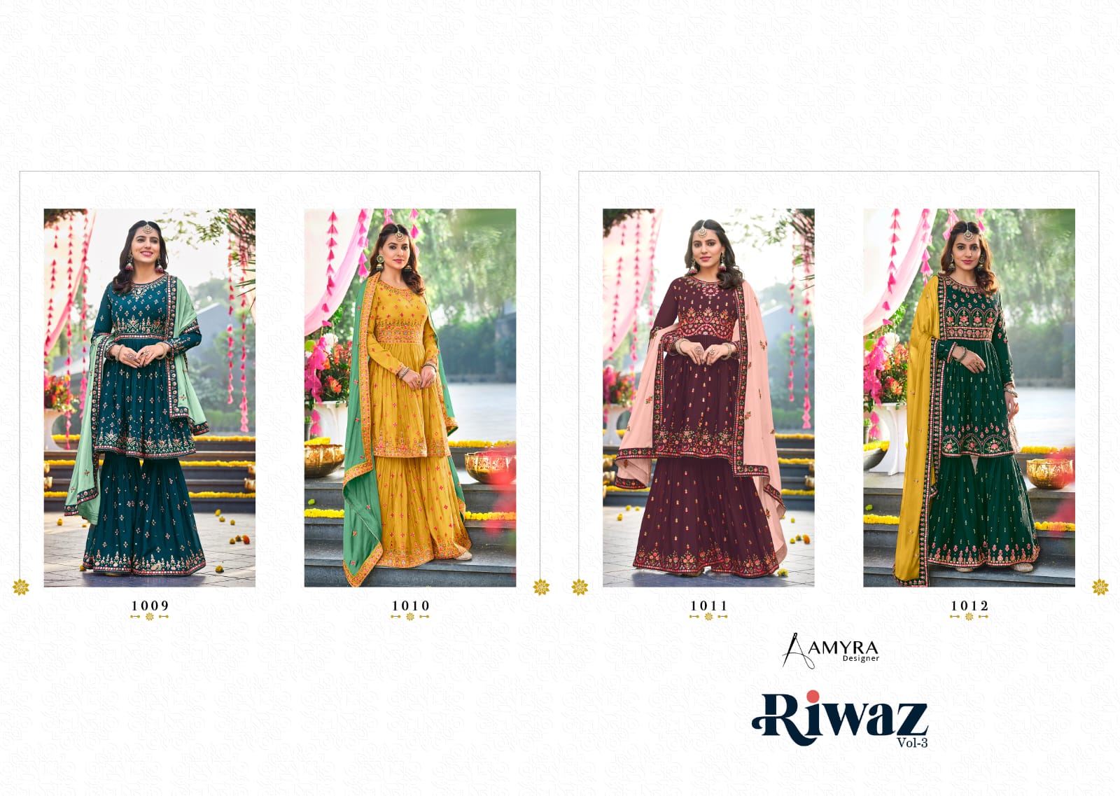 amyra designer riwaz vol 3 chinon graceful look top plazzo dupatta catalog