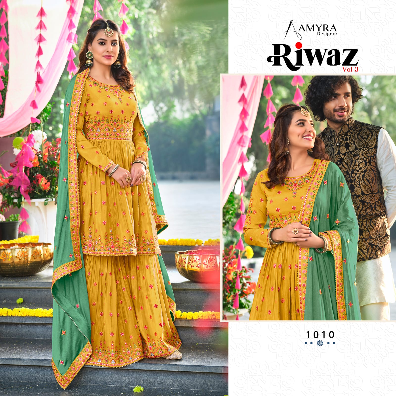 amyra designer riwaz vol 3 chinon graceful look top plazzo dupatta catalog