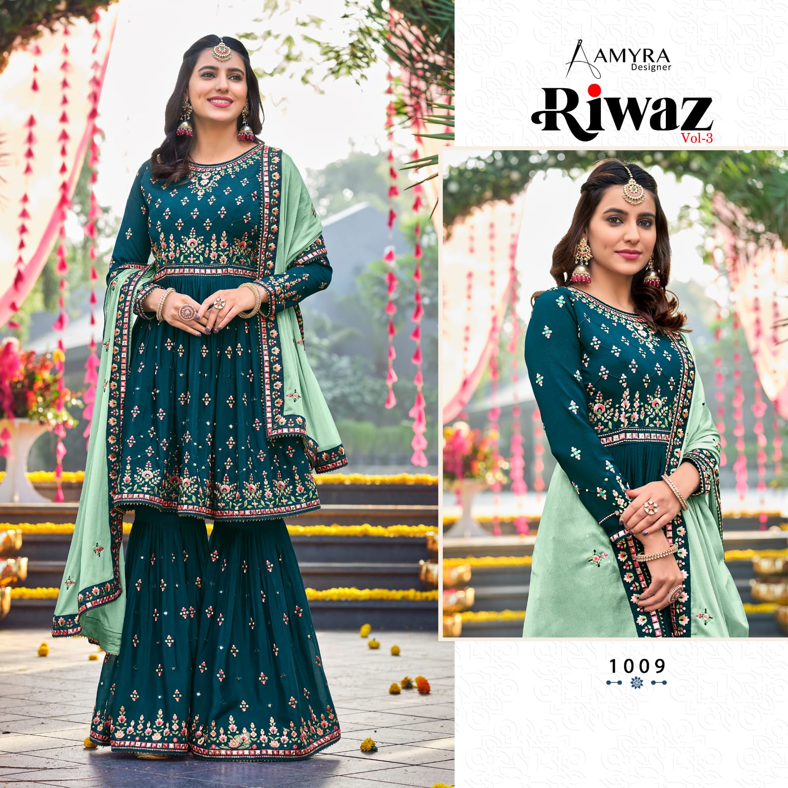 amyra designer riwaz vol 3 chinon graceful look top plazzo dupatta catalog