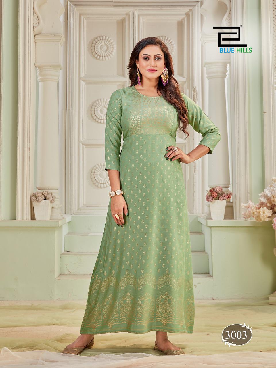 blue hills poshak vol 3 rayon elegant long gowan style kurti catalog