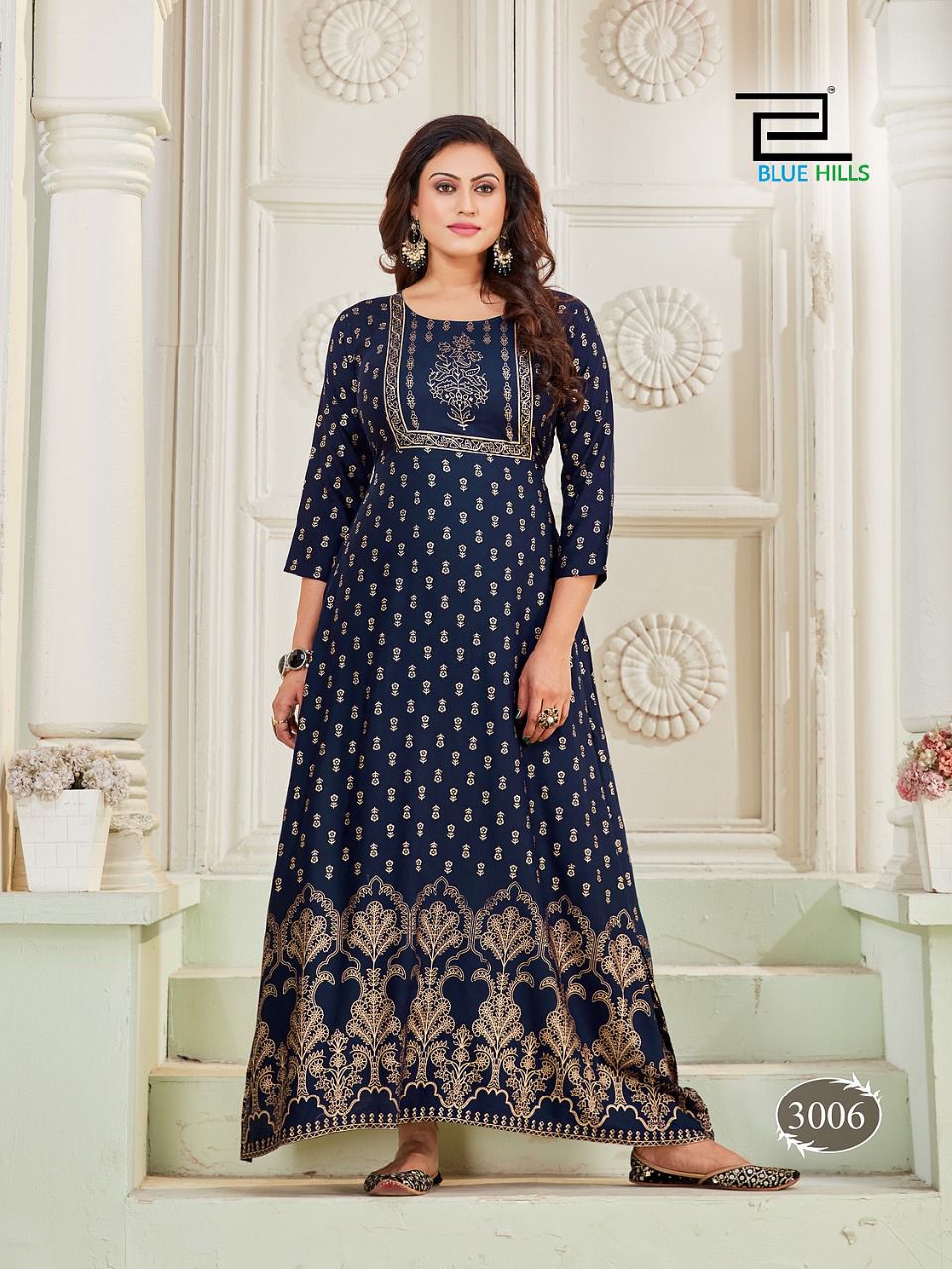 blue hills poshak vol 3 rayon elegant long gowan style kurti catalog