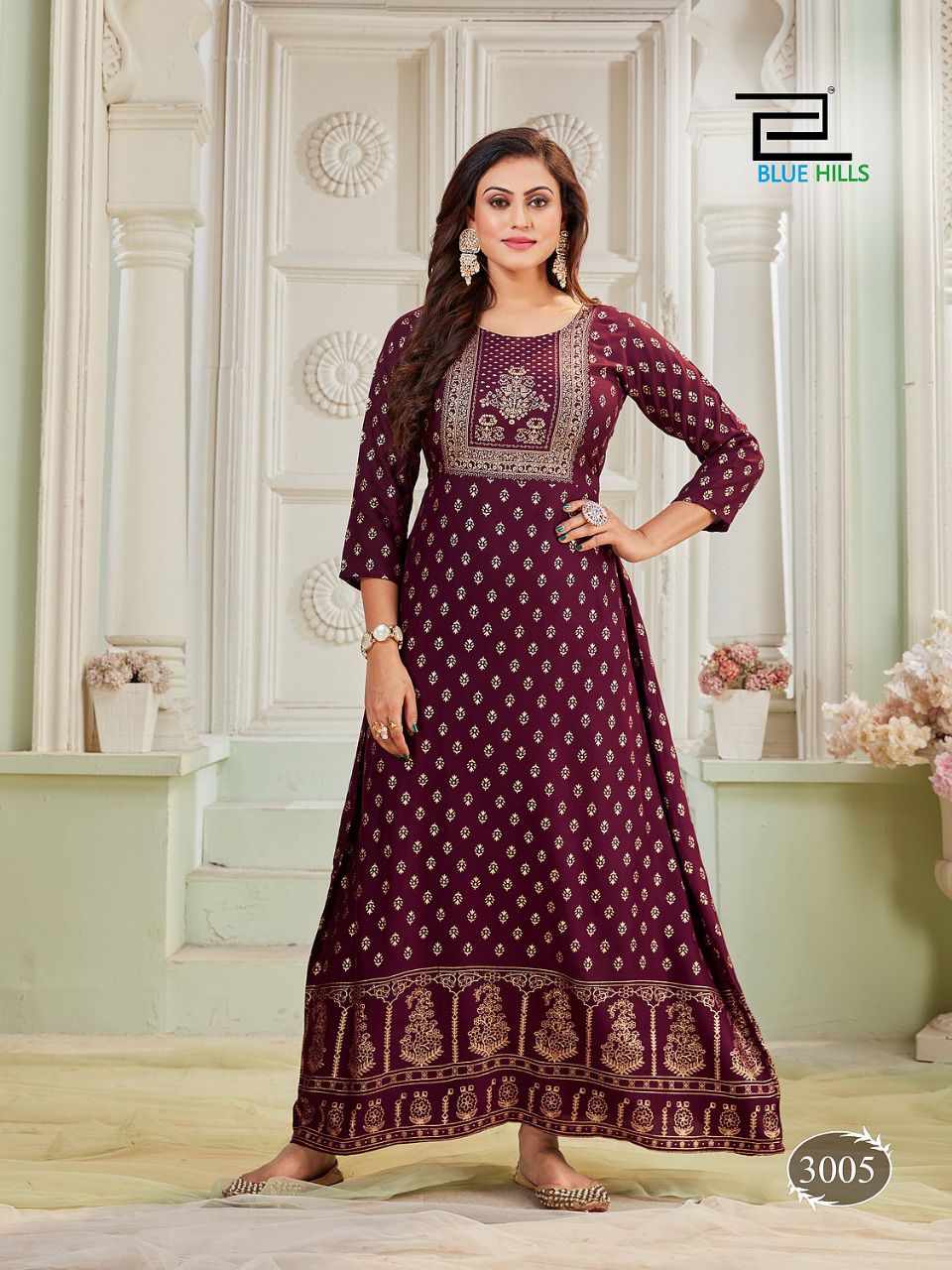 blue hills poshak vol 3 rayon elegant long gowan style kurti catalog