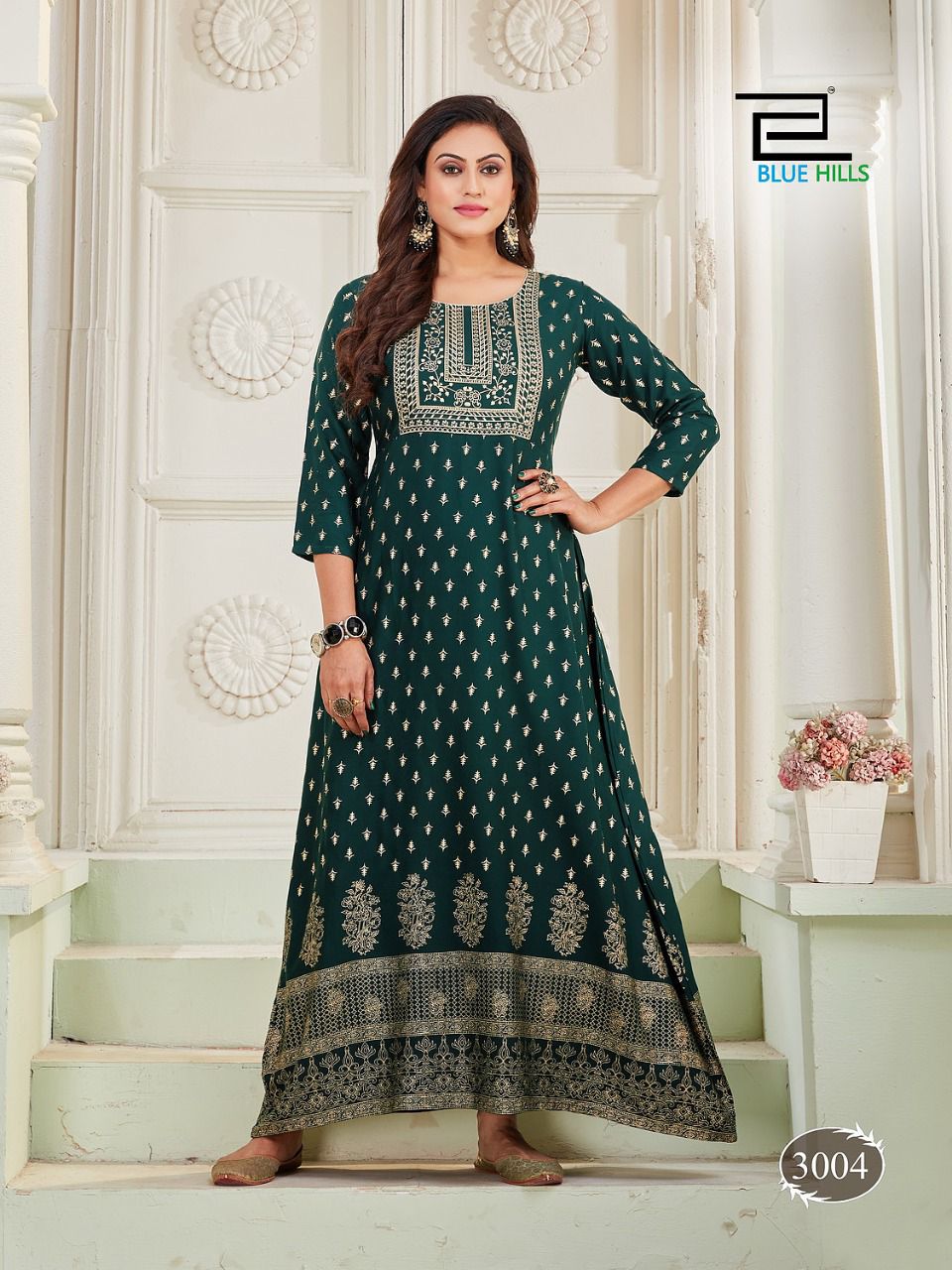 blue hills poshak vol 3 rayon elegant long gowan style kurti catalog