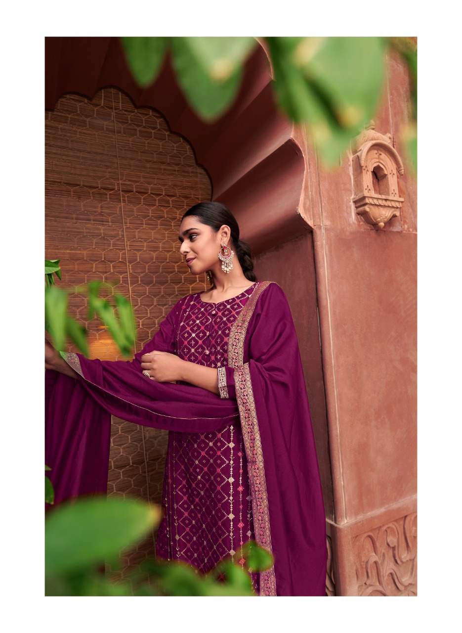 four buttons Banaras jacquard dola silk elegant look top bottom with dupatta catalog