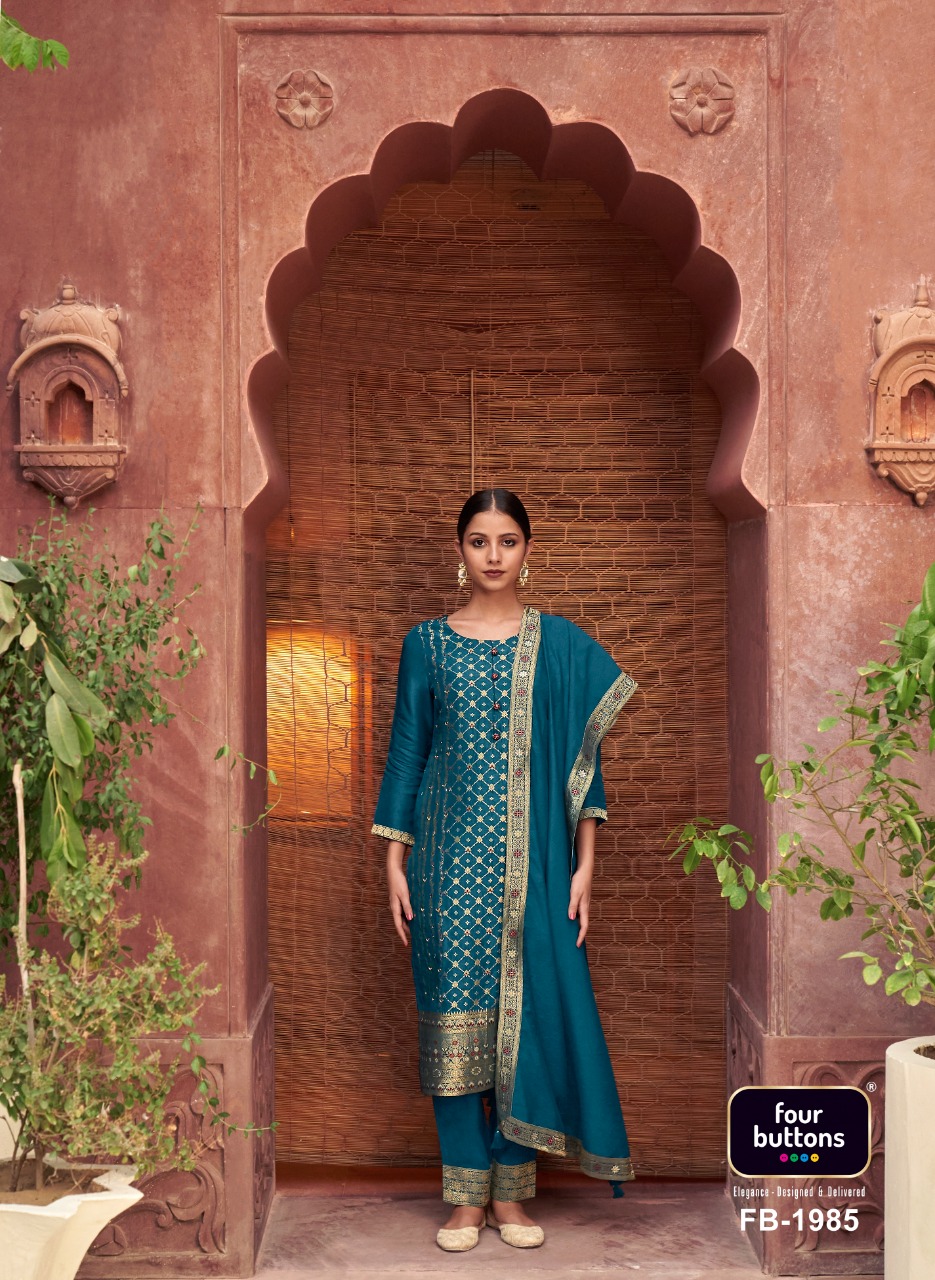 four buttons Banaras jacquard dola silk elegant look top bottom with dupatta catalog