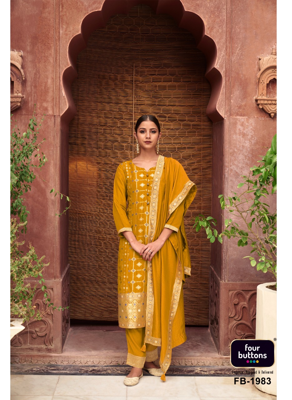 four buttons Banaras jacquard dola silk elegant look top bottom with dupatta catalog