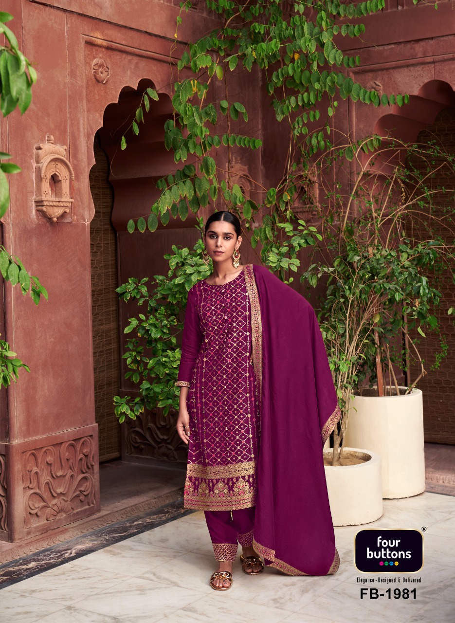 four buttons Banaras jacquard dola silk elegant look top bottom with dupatta catalog