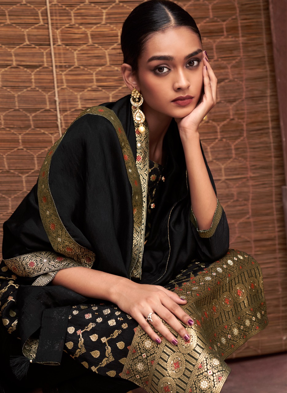 four buttons Banaras jacquard dola silk elegant look top bottom with dupatta catalog