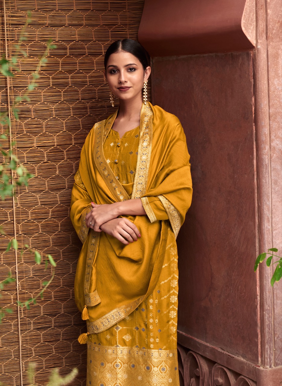 four buttons Banaras jacquard dola silk elegant look top bottom with dupatta catalog