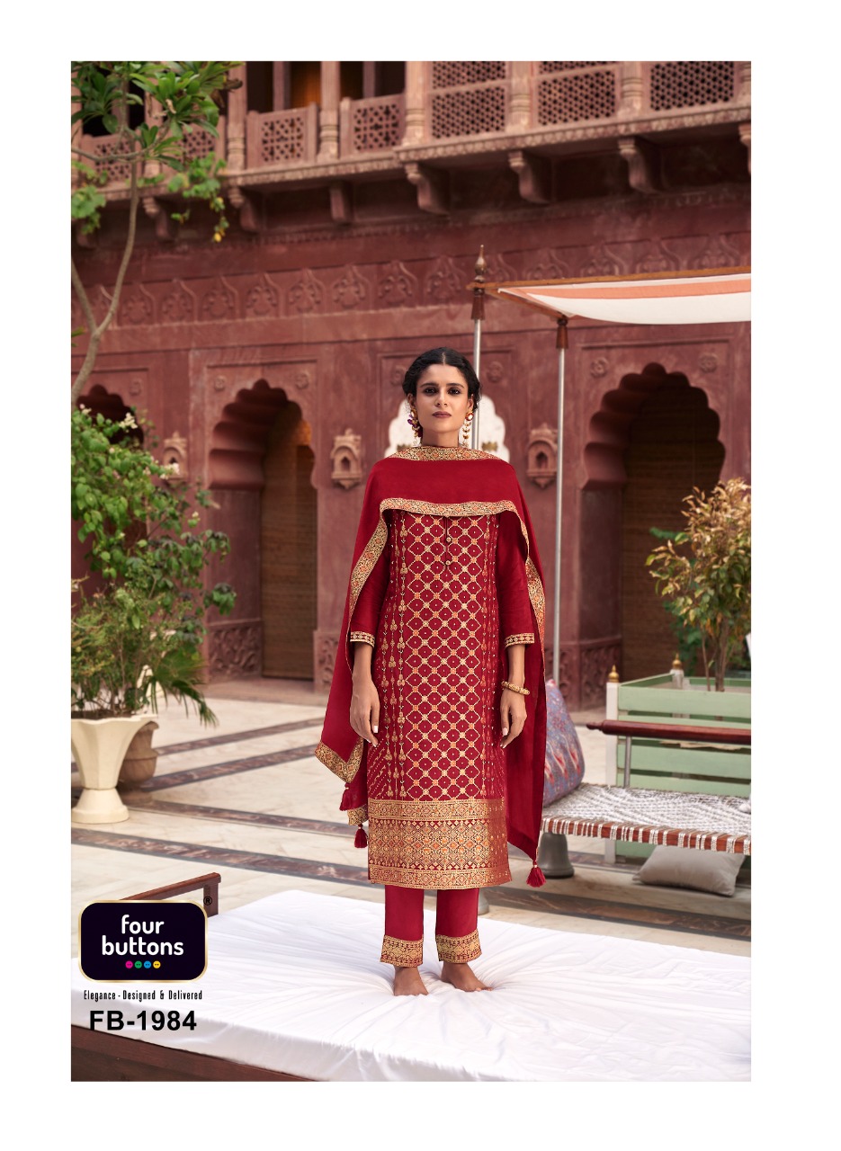 four buttons Banaras jacquard dola silk elegant look top bottom with dupatta catalog