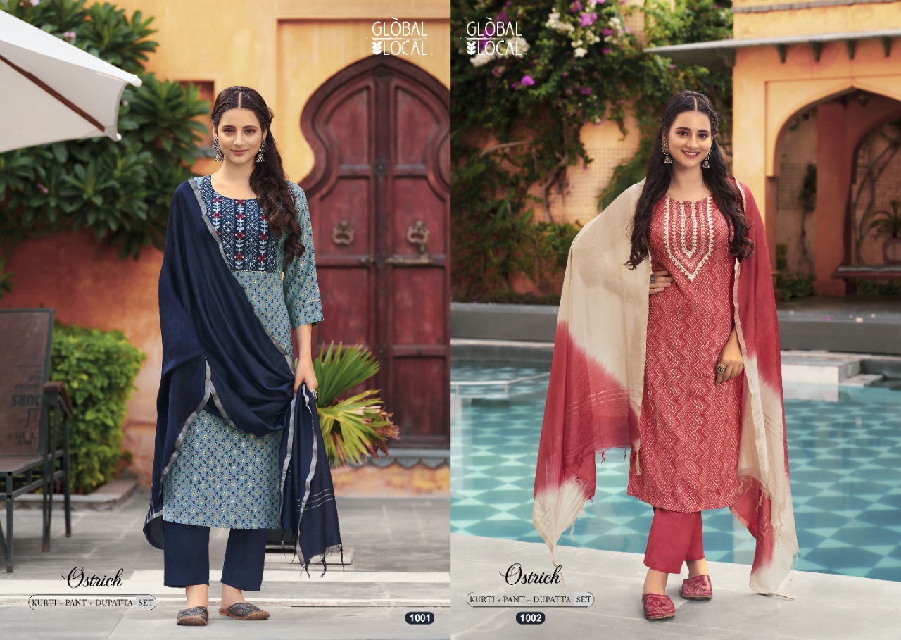 global local ostrich rayon elegant look top with pant and dupatta catalog