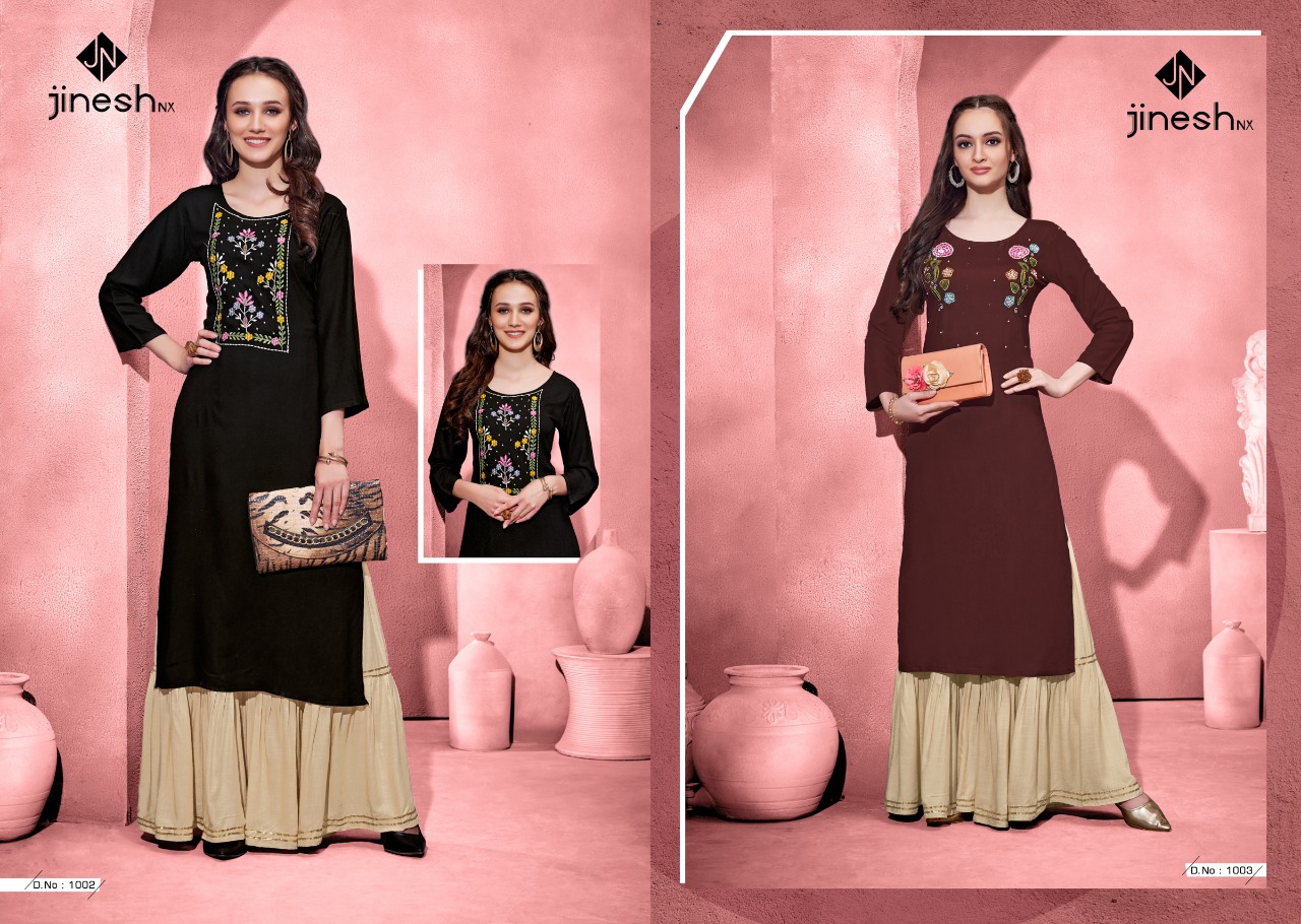 Jinesh nx zoolee rayon gorgeous look top with bottom sharara catalog