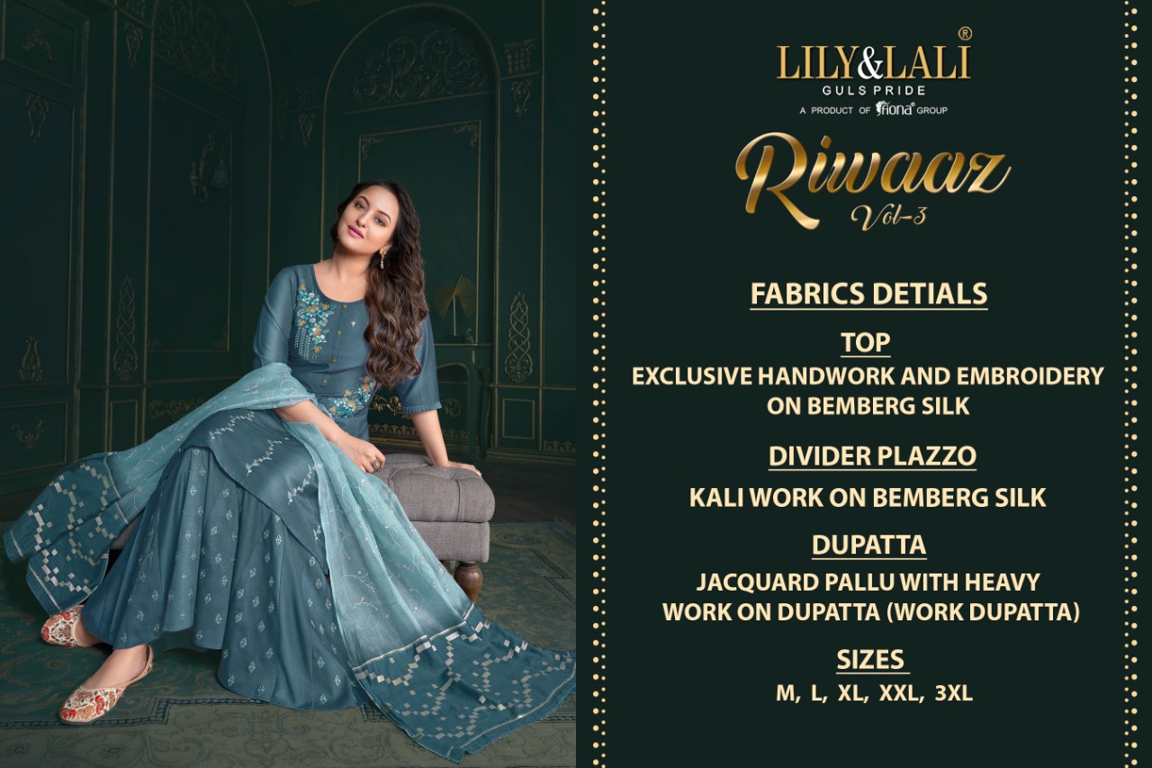 lily and lali riwaaz vol 3 new and modern style top with plazzo dupatta catalog