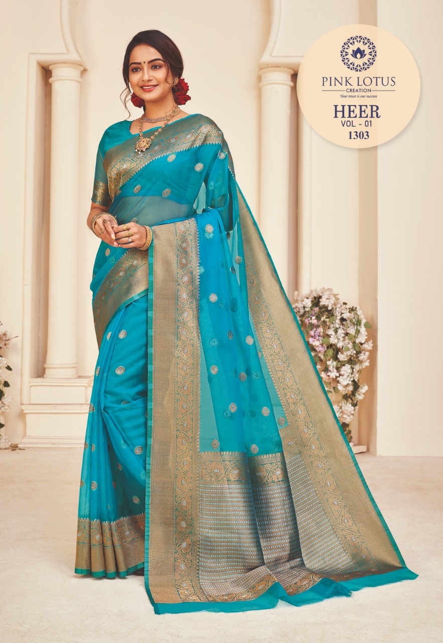 pink lotus pankh heer organza decent look saree catalog