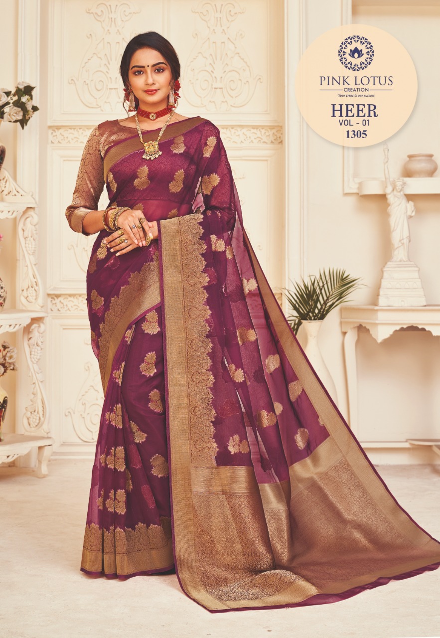 pink lotus pankh heer organza decent look saree catalog