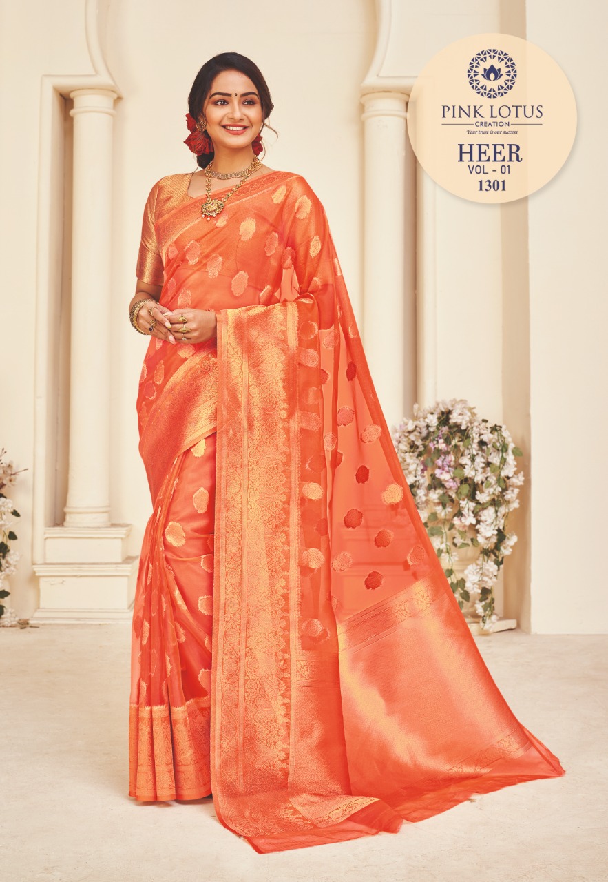 pink lotus pankh heer organza decent look saree catalog