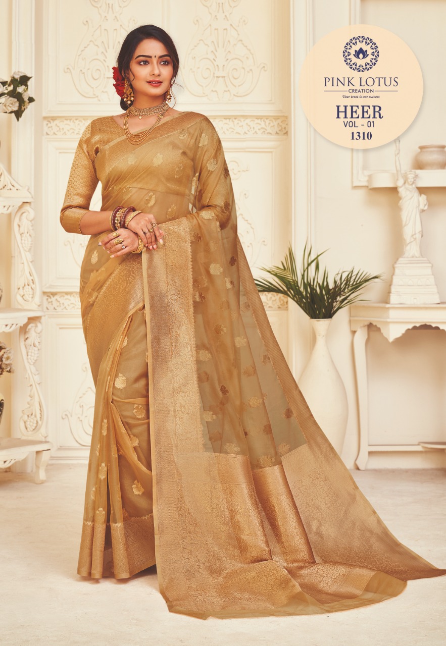 pink lotus pankh heer organza decent look saree catalog